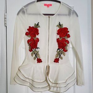 NWOT never worn gorgeous zip up top with 3-D roses embroidery and zipper details